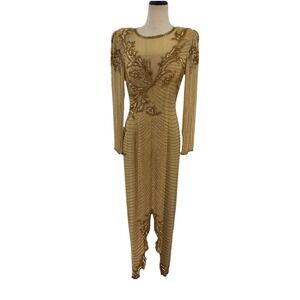 Vtg 80s AJ Bari Gold Silk Beaded Gown Sz 8 Formal Gala Glam Party